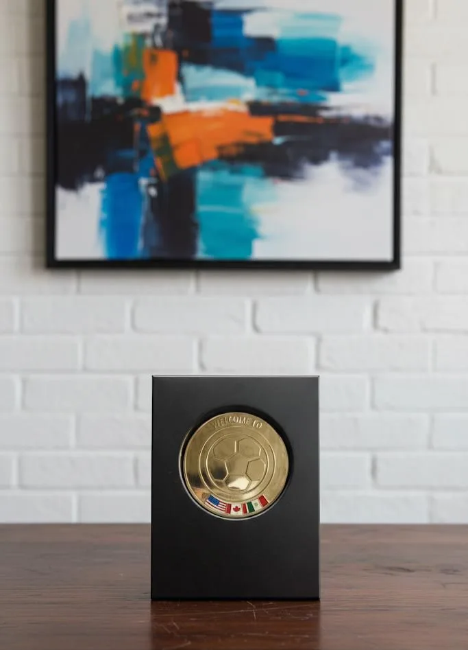 Medalla circular tipo moneda conmemorativa enmarcada