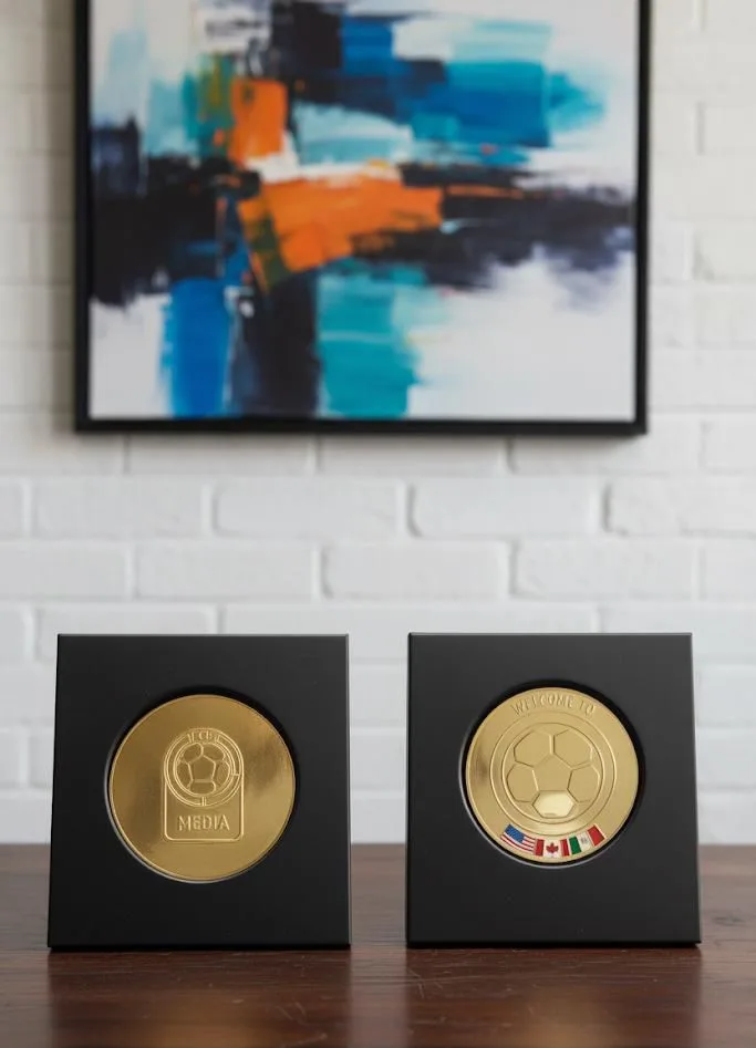 Medallas circulares conmemorativas enmarcadas, presentación en base de madera
